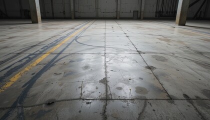 Worn concrete floor with markings in an industrial space.