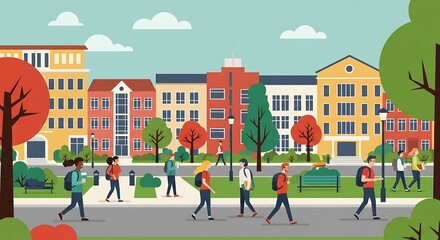 A picturesque illustration of a colorful college town or campus, featuring diverse students walking on sidewalks with various academic buildings and lush trees in the background.