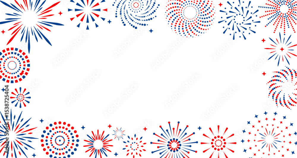Poster Firework vector icons set isolated on transparent background with copy space. Celebrate 4th of July banner. Red, blue, white usa flag color firework border, firecracker frame.