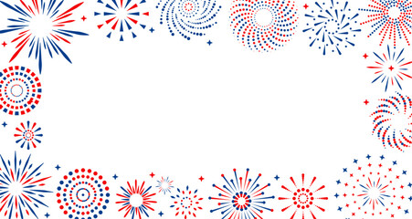 Firework vector icons set isolated on transparent background with copy space. Celebrate 4th of July banner. Red, blue, white usa flag color firework border, firecracker frame.