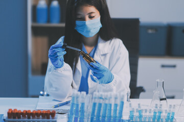 Research, experiment and medical trial being done by a scientist in a lab, science facility or...
