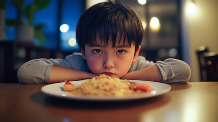 Little boy with no appetite sadly staring at his untouched food on a plate, resting his head on arms at dinner table. Poor appetite concept. Evening atmosphere.