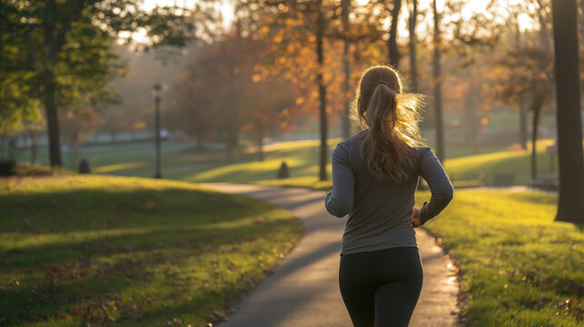 Young woman jogging in a peaceful autumn park during golden hour, surrounded by colorful foliage and soft sunlight. Tranquil moment of outdoor fitness. Healthy lifestyle.