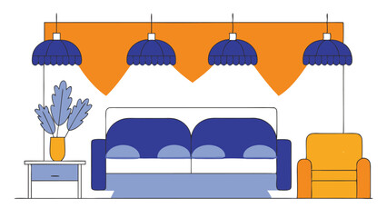 Modern Living Room Interior Design with Blue Sofa and Orange Armchair