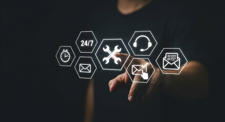 Naklejka premium 247 Tech Support Customer Service Assistance Help Desk Online Solutions Global Network Remote Assistance Digital Support IT Services Maintenance Repair Helpline Troubleshooting Problem Solving