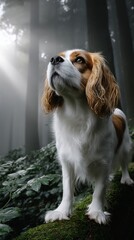 Dog in misty forest