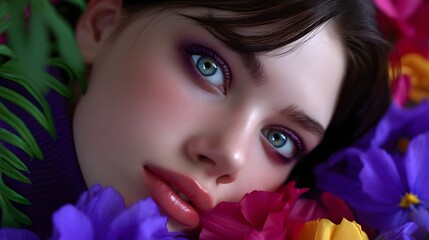 Serene portrait of a young woman surrounded by vibrant flowers
