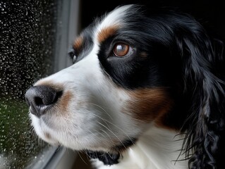 Dog looking out window on rainy day (1)