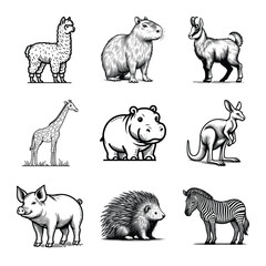 Different types of animal line art bundle vector illustration isolated on a white background
