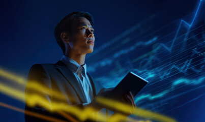 Confident Asian businessman analyzing digital stock charts on tablet in a futuristic data environment