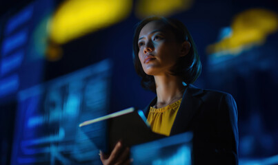 Confident Asian businesswoman analyzing data in futuristic control room with glowing digital interface
