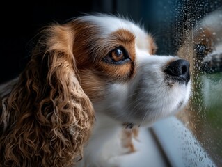 Dog looking out window on rainy day