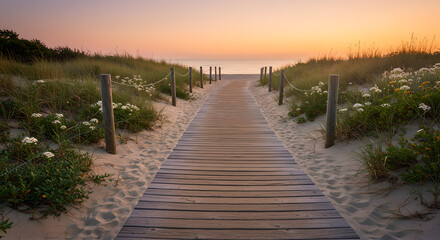 Obraz premium Wooden boardwalk or walkway to sea on beach. Summer outdoor pier. Path, way to water