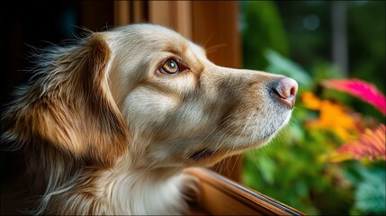 Dog looking out window, thoughtful expression