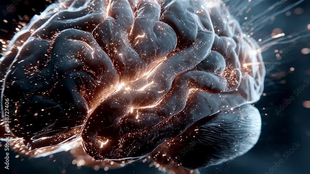 Poster glowing orange synapses pulsing dynamically across grey matter, visualizing intricate neural connect