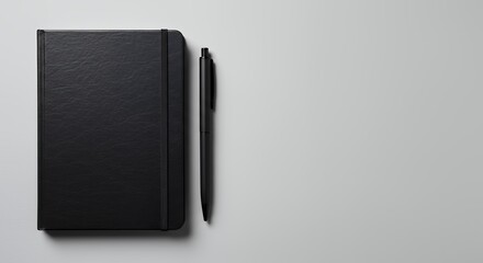 Elegant Black Notebook and Pen on Light Gray Background: Minimalist Stationery, Perfect for Mockups and Design Overlays, with Ample Copy Space for Text and Graphics