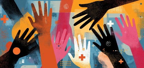Diverse hands reaching upwards against a colorful abstract background, symbolizing unity, support, and inclusion in a vibrant, dynamic style.