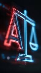 A glowing digital scale of justice with neon red and blue lights symbolizes law, balance, and technology in a futuristic style.