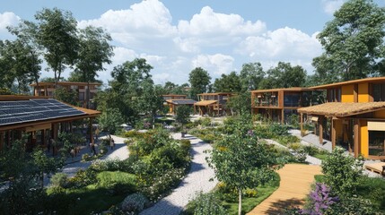 Obraz premium Modern Eco-Friendly Village with Solar Panels and Lush Green Landscaping Under a Bright Blue Sky