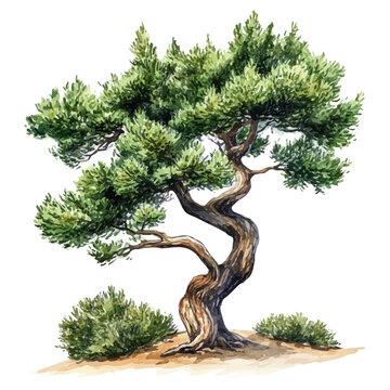 A Juniper Tree, watercolor illustration vector, isolated on a white background.