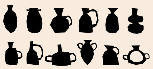 Ceramic vase pottery organic vases in ancient bohemian greek style. Vector jar, amphora vessel ancient silhouette jug and urns set.
