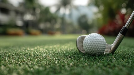 Close-up of golf club positioned behind ball on green grass with soft bokeh and natural lighting perfect for golf tutorials, sport ads and outdoor equipment visuals