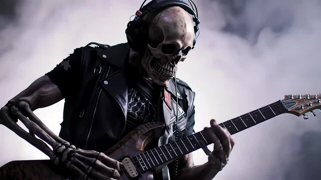 Animated skeleton rock musician playing electric guitar wearing headphones cool style