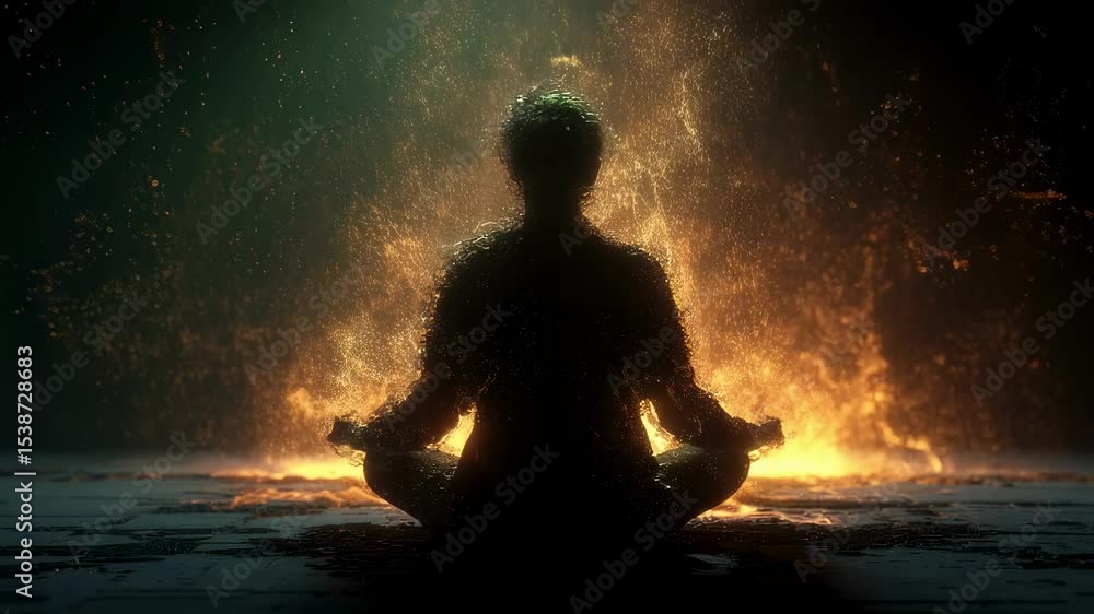 Poster silhouette of a man meditating in lotus position with a glowing aura and particles emanating from hi
