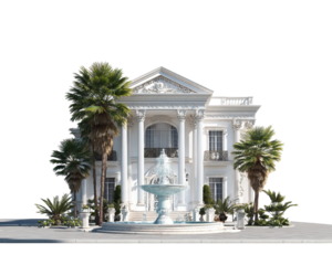 Ornate White Neoclassical Home with Palm Trees and Fountain on Transparent Background

