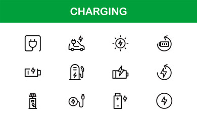 Charging Icon Set Featuring Clean Minimal Designs Perfect for Technology, Power, Battery, and Energy Projects with Vector Quality and Professional Appeal
