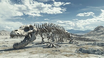 Massive dinosaur skeleton lies on a parched, desert plain.