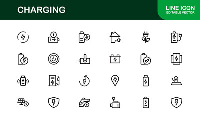 Charging Icon Set Featuring Clean Minimal Designs Perfect for Technology, Power, Battery, and Energy Projects with Vector Quality and Professional Appeal