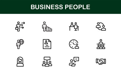 Business People Icon Set Featuring Professionals, Teamwork, Leadership, and Collaboration in Vector Style