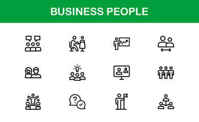 Business People Icon Set Featuring Professionals, Teamwork, Leadership, and Collaboration in Vector Style