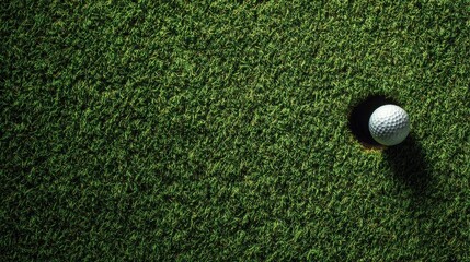 Minimal top view of a golf ball next to a hole on trimmed green grass with sharp shadow perfect for sports layout design, golf infographics and conceptual training visuals