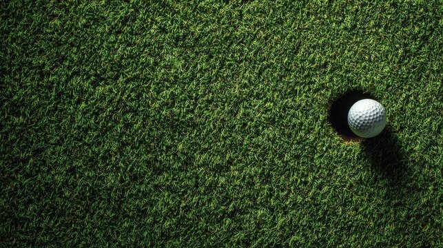 Minimal top view of a golf ball next to a hole on trimmed green grass with sharp shadow perfect for sports layout design, golf infographics and conceptual training visuals