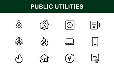 Public Utilities Icon Pack. Clean, Editable Line Icons for Energy, Water Supply, Waste Management, and Urban Infrastructure