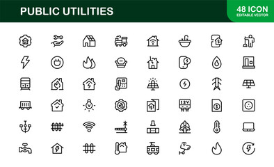 Public Utilities Icon Pack. Clean, Editable Line Icons for Energy, Water Supply, Waste Management, and Urban Infrastructure