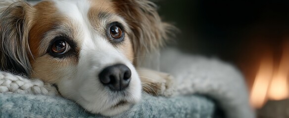 Dog resting by fireplace