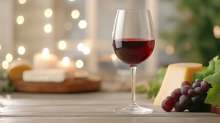 National Wine Day wine glass elegance celebrating A glass of red wine beside cheese, grapes, and soft candlelight creates a cozy ambiance. Classy wine decor