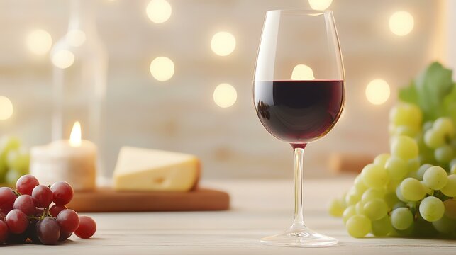 National Wine Day wine glass elegance celebrating Elegant wine glass with red wine, grapes, cheese, and a candle against a softly lit background. Classy wine decor - Powered by Adobe