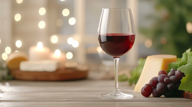 National Wine Day wine glass elegance celebrating A glass of red wine beside cheese, grapes, and soft candlelight creates a cozy ambiance. Classy wine decor