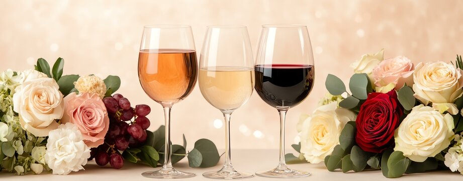 National Wine Day wine glass elegance celebrating Three wine glasses surrounded by elegant roses on a soft background. Classy wine decor - Powered by Adobe