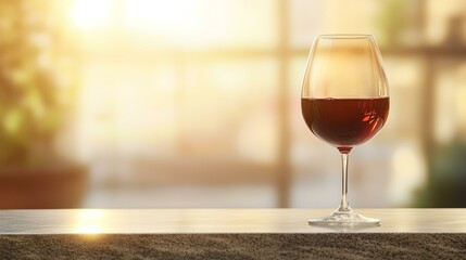 National Wine Day wine glass elegance celebrating A glass of red wine on a countertop with a warm, blurred background of light and greenery. Classy wine decor