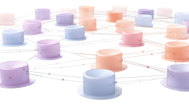 Panoramic Network Layout with Pastel-Toned Cylindrical Nodes on Transparent Background

