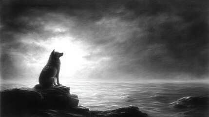 Dog sits on a rock overlooking a stormy sea at dawn