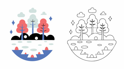 Cute Cartoon Landscape - Color and Line Art