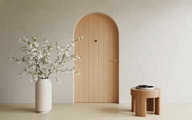 Elegant Archway Minimalist Interior Design With Flowers and Stool