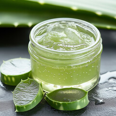 Close-up of aloe vera gel in glass jar with sliced aloe leaf beside it.