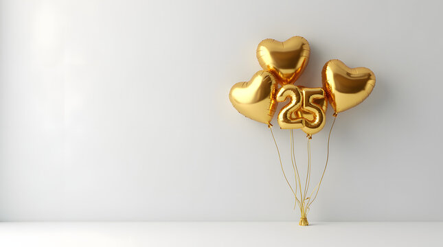 Golden heart-shaped balloons and a shiny number 25 balloon float elegantly against a white backdrop, perfect for a celebration or anniversary